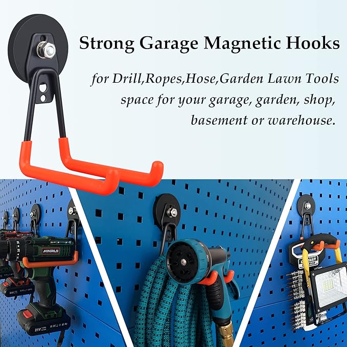 ULIBERMAGNET Magnetic Power Tool Organizer,Cordless Drill Garage Hook Heavy Duty,Large & Strong Manget with Hooks for Garage,Workshop Organization,2 Pack Hooks for Drill,Garden Tool(Orange)