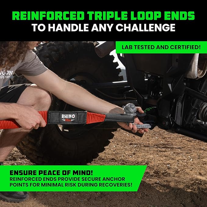 Rhino USA Recovery Tow Strap (2"x20')- 20,024lb Break Strength- Emergency Recovery Strap Tow Rope for UTV, ATV & More- Heavy Duty Towing Strap for Offroad 4x4 Use- Compatible with RZR and Can-Am (Red)