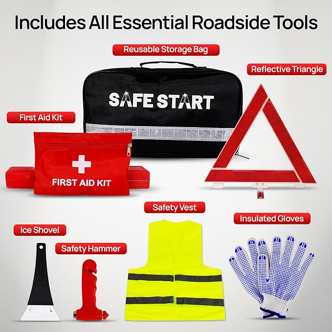 Car Emergency Kit - Car Safety Kit with First Aid, Safety Hammer, Reflectors, Gloves, Ice Shovel - Compact Roadside Tool Kit for Repairs, Snow, Accidents - Protect Your Family on The Road