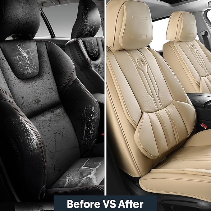 AOOG Front Seat Covers, Car Seat Covers Front Seats, Leather Seat Covers for Cars, Waterproof Seat Covers with Lumbar Support Universal Fit for Most Cars SUV Trucks(Front Pair, Beige)