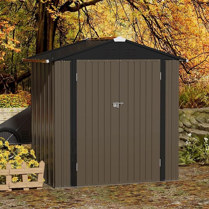 JUMMICO Metal Outdoor Storage Shed 6 x 4 FT Metal Shed with Lockable Door,Waterproof Garden Tool Shed Storage House for Backyard Patio Lawn,Brown