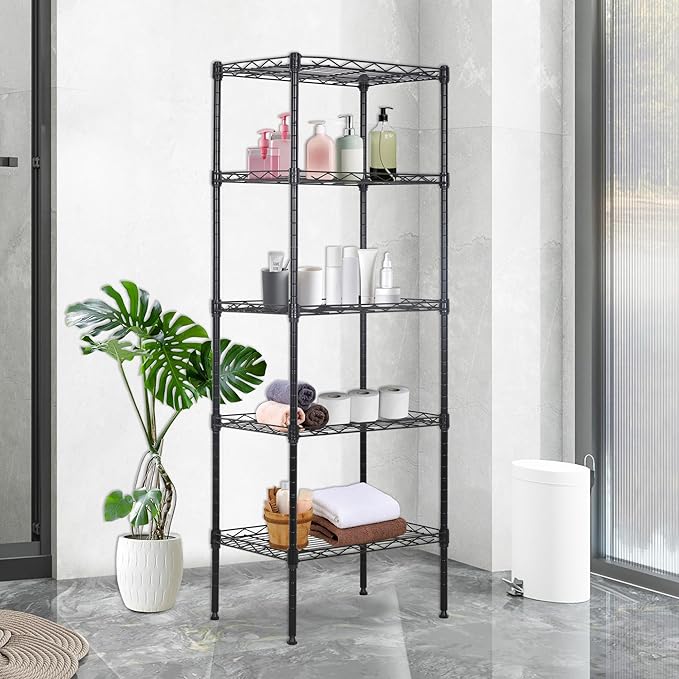 BestOffice 5 Tier Garage Shelving Heavy Duty Metal Shelves 17”D x 12”W x 48”H Easy Assemble Storage Shelves NSF Certified Wire Shelving with Leveling Feet for Garage Home Office, Black