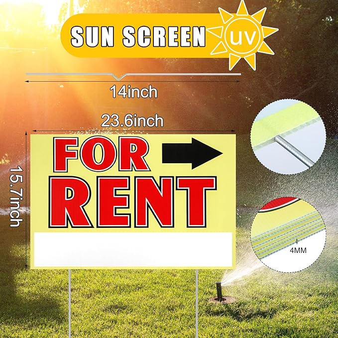 Marsui 3 Pcs Sale Sign 23.6 x 15.7 Inch Double Sided Sign with Stakes Blank Corrugated Plastic Signs with Directional Arrow and Metal Stake (for Rent)