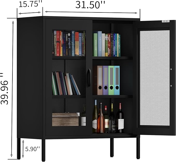 Metal Storage Cabinet with Mesh Doors and Shelves,Multipurpose Storage Rack, 3-Tier Office Cabinet,Metal Locker Style Accent for Home Office,Living Room,Kitchen (Black-mesh, 40''H)