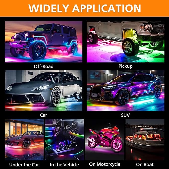 Underglow LED Lights for Cars 252 LEDs RGBI Neon Accent Strip Lights with App and 16 Million Colors DIY & Music Mode Underbody Exterior Lights Kit for RV SUV Truck Boat 12V