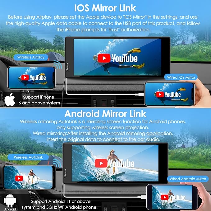 CARPURIDE 10.26 Inch Wireless/Wired Apple CarPlay, Android Auto and Mirror Link - 1600 * 600 IPS Touch Screen Portable Car Stereo, Bluetooth Audio, Siri, Navigation Car Screen for All Vehicles