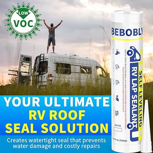 RV Roof Sealant, Self Leveling Lap Sealant White, RV Caulking Sealant Waterproof, Flexible & Non-Cracking, RV Lap Sealant for Camper, Trailer & Motorhome Roof Repair, Secure Odorless (4 Pack)