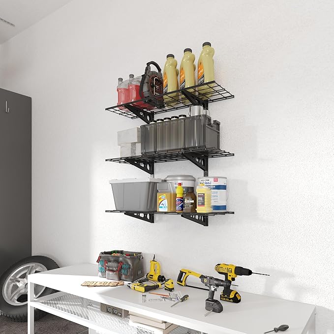 FLEXIMOUNTS 3 Tier 1x3ft Garage Storage Wall Shelving, 12x36inch per Shelf Height Adjustable Floating Shelves, 450lbs Total Weight Capacity, Black