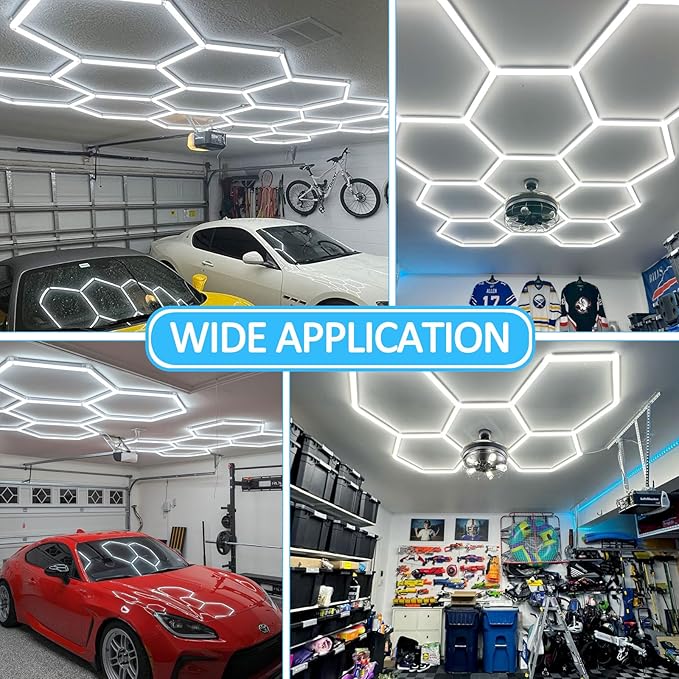 tewei Hexagon LED Garage Light, 6 Grids Hexagon Car Detailing Lighting Fixture 6500K Daylight White LED Shop Light, 265W, 26500LM Super Bright Ceiling Lights for Workshop, Warehouse, Gym, Basement
