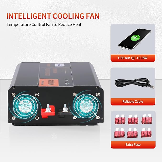 3000W Pure Sine Wave Inverter 12V DC to 120V AC Converter for Home, RV, Truck, Off-Grid Solar Power Inverter with Built-in 5V/2.1A USB, Reliable Cable, Remote Controller