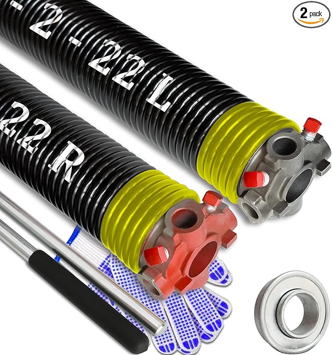 Garage Door Torsion Spring Set, Pair of 2" Electrophoresis Coated Garage Door Springs Replacement with 2 Non-Slip Winding Bars and Bearing, Minimum 16000 Cycles (.207x2x22)