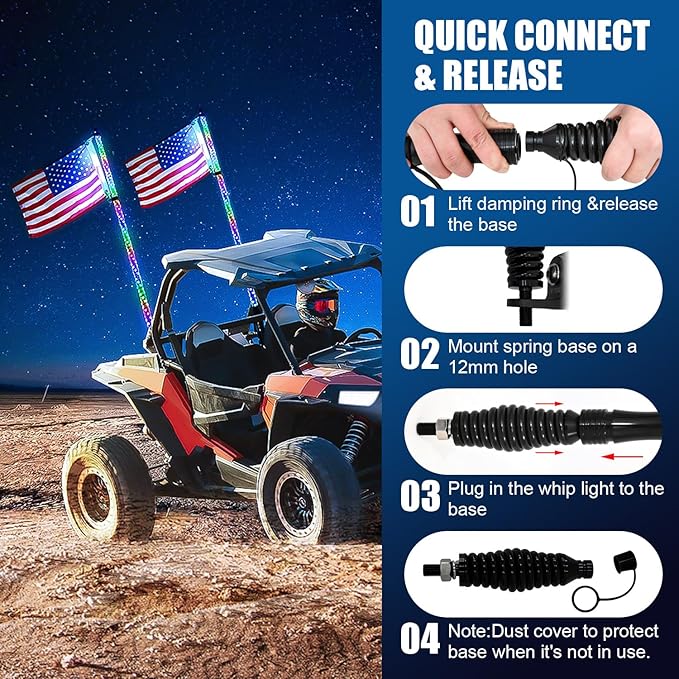 2PCS 3FT RGB LED Whip Light with Spring Base Remote App Control w/DIY Chasing Patterns Turn Signal & Brake Lights for ATV, UTV, Polaris, RZR, Can-am