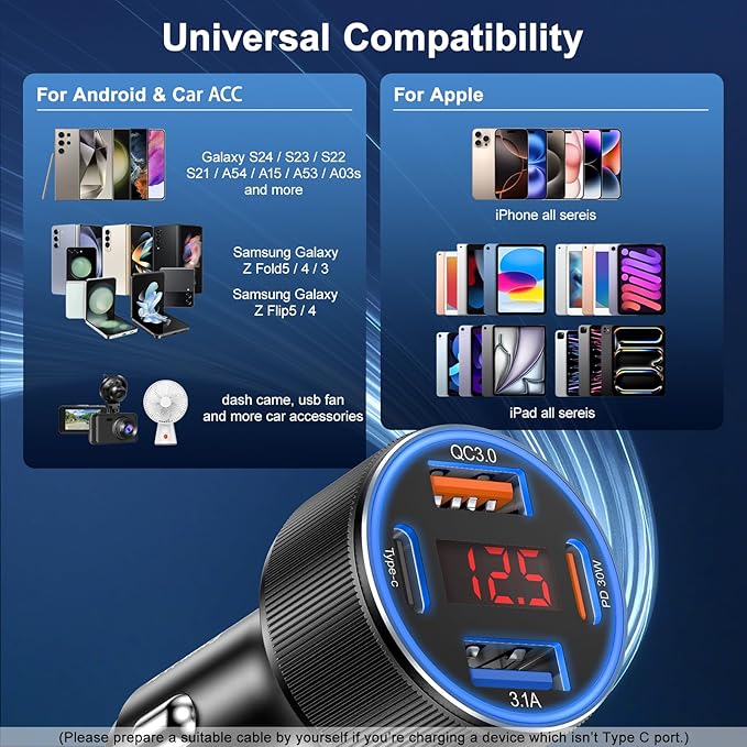 Car Charger for iPhone 16 15 Pro Max, Besgoods 4-Port Cigarette Lighter Adapter USB C & USB A Car Phone Charger Fast Charging Voltmeter for Galaxy S24 S23 A15 A54 Android, 6ft USB C to C Cable