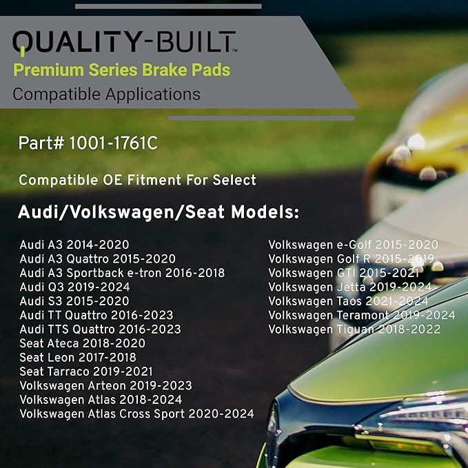 Premium Ceramic Rear Brake Pads (1001-1761C) Compatible with 2014-2024 Audi/Volkswagen (A3/A3 Quattro/A3 Sportback e-tron/Golf R/GTI/Jetta/Q3/S3/Tiguan/TT Quattro/TTS Quattro & More)