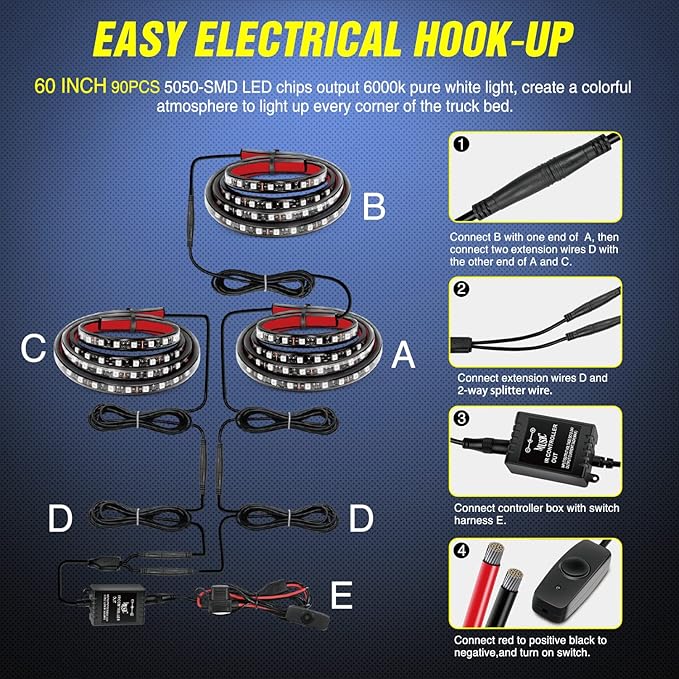 Nilight 3PCS 60 Inch RGB Truck Bed Light Strip Kit 270 LED Neon Accent Lights with RF Remote On Off Switch Splitter Extension Cable for Cargo Pickup Truck Camper RV SUV Boat