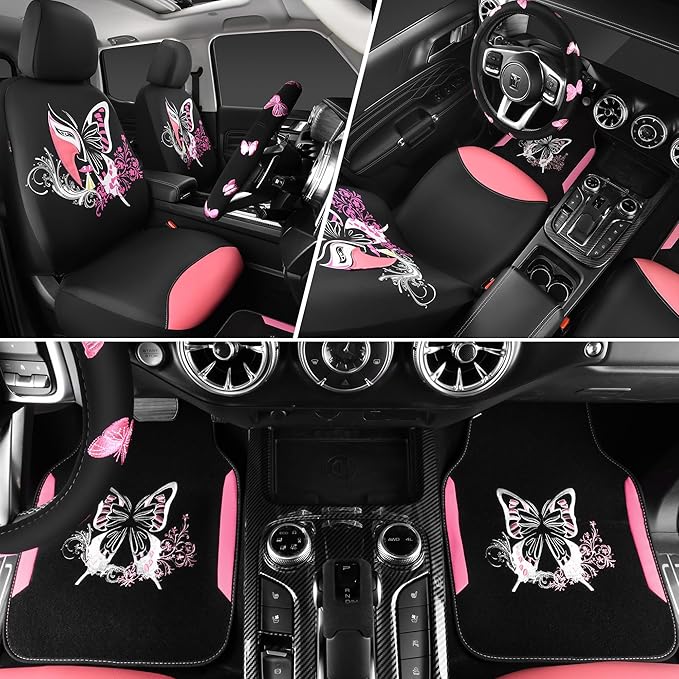 CAR PASS Pink Leather & Gaberdine Butterfly Car Seat Covers Full Set with Waterproof Car Floor Mats and Embroidered Butterflies Steering Wheel Cover for Interior Sets ((Black & Pink)