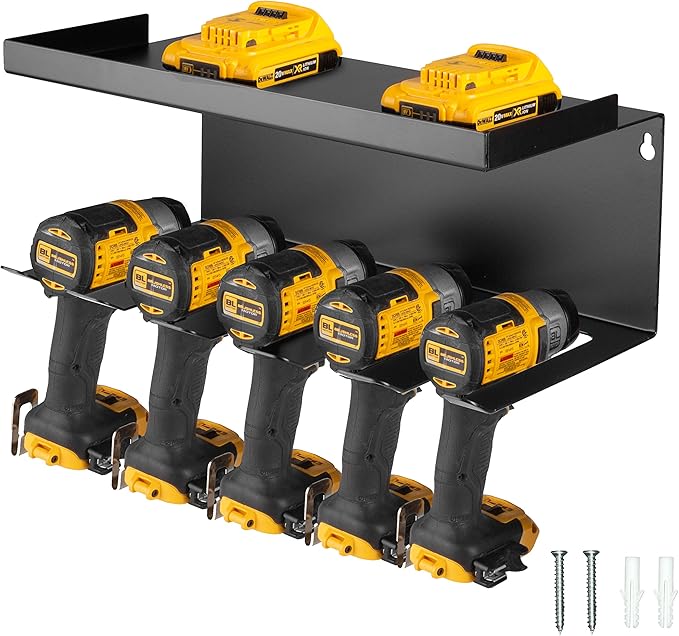 Power Tool Organizer for Shop & Garage, Heavy Duty Wall Mounted Rack With Storage & 5 Drill Storage Slots - For Workshop Organization
