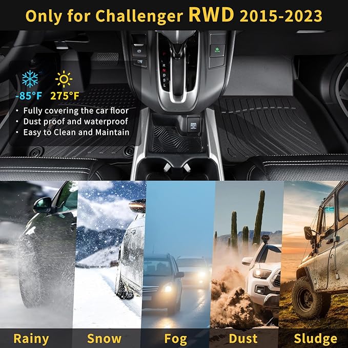 GINOWY-Floor Mats for Dodge Challenger RWD 2015-2023, TPE All Weather Challenger Car Floor Mats, Custom Fit Non-Slip Waterproof Challenger Automotive Floor Liners Accessories Black