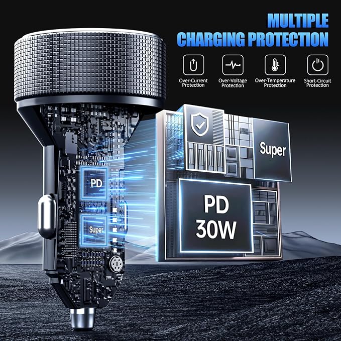 Car Charger with USB C Cable, 78W 4 Port Car Phone Charger Adapter Fast Charging, Dual USB C Car USB Adapter for iPhone 16 15 14 13 12, iPad, Samsung Glaxy, Android (Black & Cable)