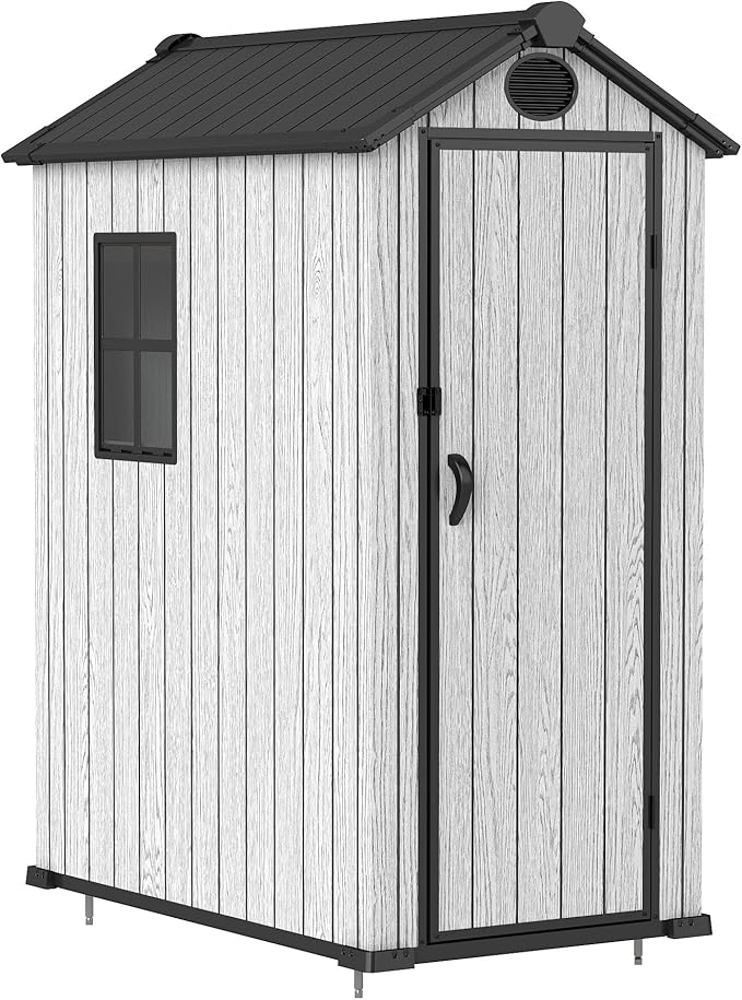 3.4x5.3 FT Resin Outdoor Storage Shed, 125 Cuft Garden Tool Sheds & Outdoor Storage Plastic Shed with Floor, 7FT Tall Backyard Outside Lawn Mower Storage Shed with Side Window, Cemented Grey