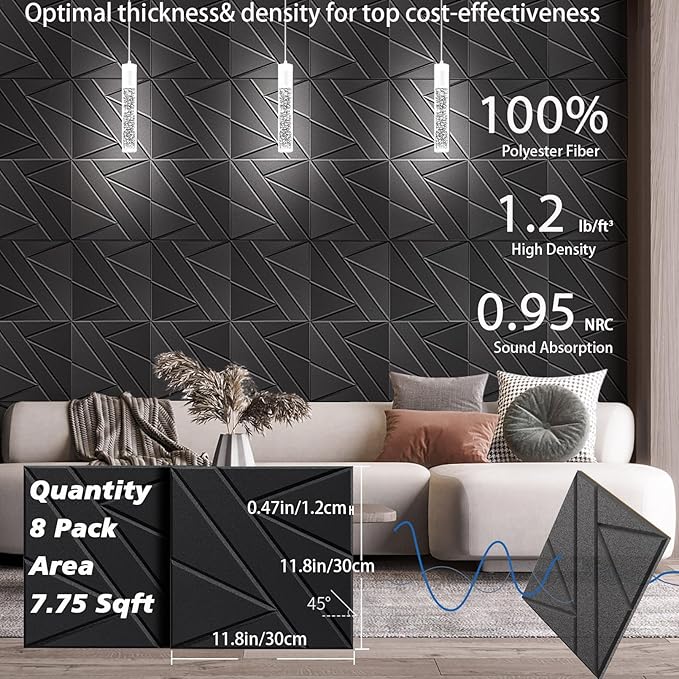 8 Pack Self-Adhesive Soundproof Wall Panels, 12 x 12 x 0.47 in Sound Proof Foam Panels for Walls, 1.2lb/ft³ High Density, Thicker 0.47in, Acoustic Panels, Noise Dampening Panels Studio Black