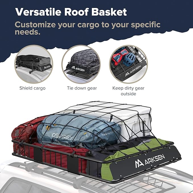ARKSEN 64 x 39 x 6 Inch Universal 150LB Heavy Duty Roof Rack Cargo with 500D PVC Waterproof Cargo Bag, Car Top Luggage Holder Carrier Basket for SUV, Truck or RV Camping Storage Steel Construction