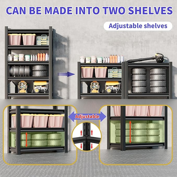 2 Sets Metal Garage Shelving Unit,78"H Heavy Duty 5-Tier Adjustable Storage Rack,18"D x 48"W x 78"H Steel Shelving,3000 lbs Industrial Shelves for Heavy Tools and Equipment,Ideal for Garage, Basement