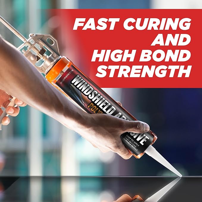 Polyurethane Windshield Adhesive - Quick Curing & Weather Resistant Auto Glass Adhesive, Vertical & Overhead Application, Windshield Repair Kit with Gloves, Applicator Tip & Cartridge - 310ml Black