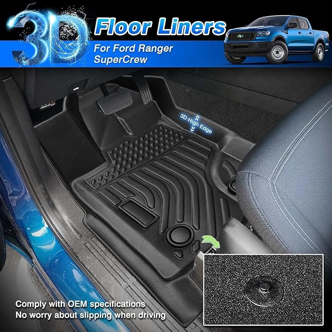 Cartist Floor Mats Fits for Ford Ranger 2019 2020 2021 2022 2023 Accessories All Weather Floor Mat for Ranger Super Crew Floor Liner Heavy Duty Black