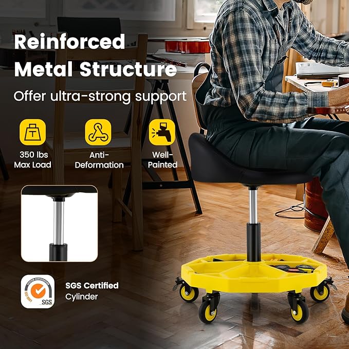 Goplus Rolling Garage Stool, 20”-25” Height Adjustable Mechanic Stool w/Magnetic Tool Tray, 2.5" Thick Padded Seat, Universal Lockable Wheels, Pneumatic Creeper Seat for Repair Shop, 350LBS Capacity