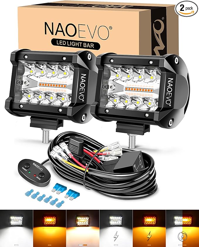 NAOEVO 4 Inch LED Pod Lights, White Amber LED Fog/Driving/Offroad Lights Strobe/Memory Mode and 2 Leads Wiring Harness, Cube Pods for Truck Boat ATV UTV, 2 Pcs (6 Modes)