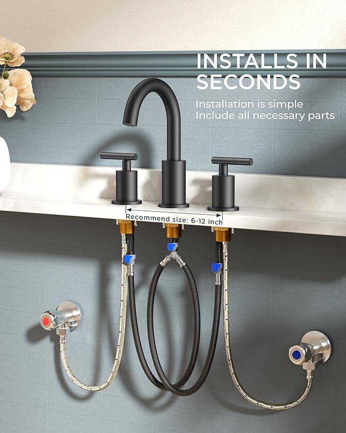 FORIOUS Bathroom Faucets 3 Hole, Matte Black Bathroom Sink Faucet 3 Hole Vanity with 360° Swivel Spout, Suitable for 8 Inch Widespread Sink with Metal Pop-up Drain and cUPC Supply Line, Commercial