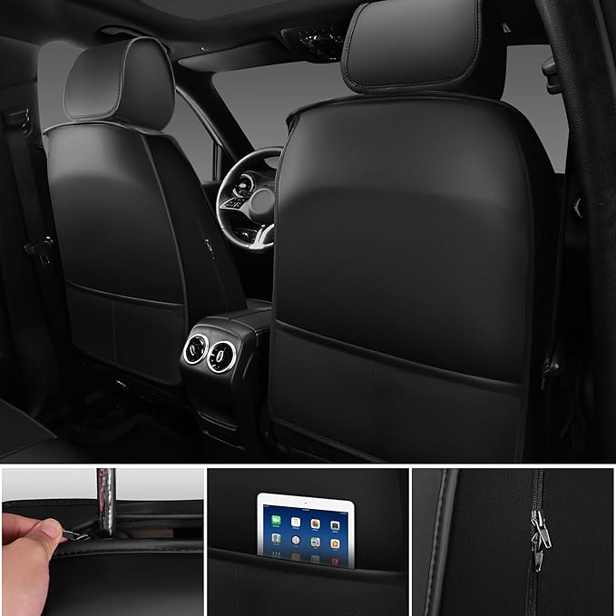 CAR PASS Nappa Leather Car Seat Covers Front Seats, Luxury Seat Protector for Cars, Waterproof Anti-Slip Seat Cushion Armrest Compatible Airbag Universal for Sedan SUV Pick-up Truck Automotive, Black