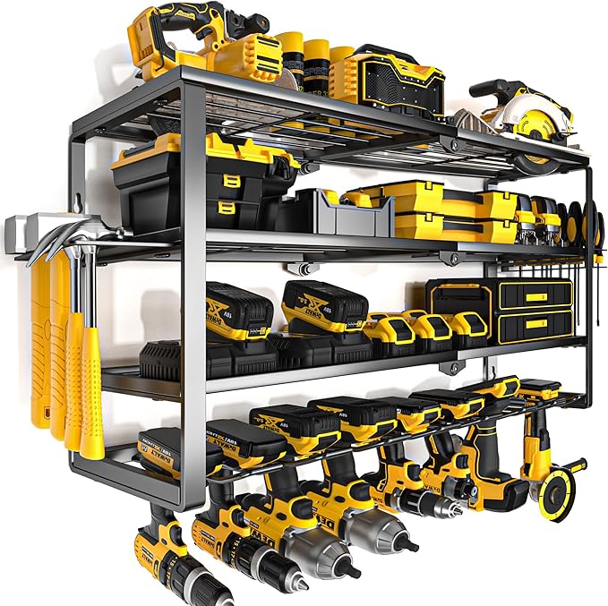 YYR 4 Layer Power Tool Organizer Wall Mount, Cordless Drill Hanger Storage Rack, Battery Tools Holder with Charging Station Shelf for Garage Organization, Workshop, Pegboard, Shed - 32 Inch 8 Slots