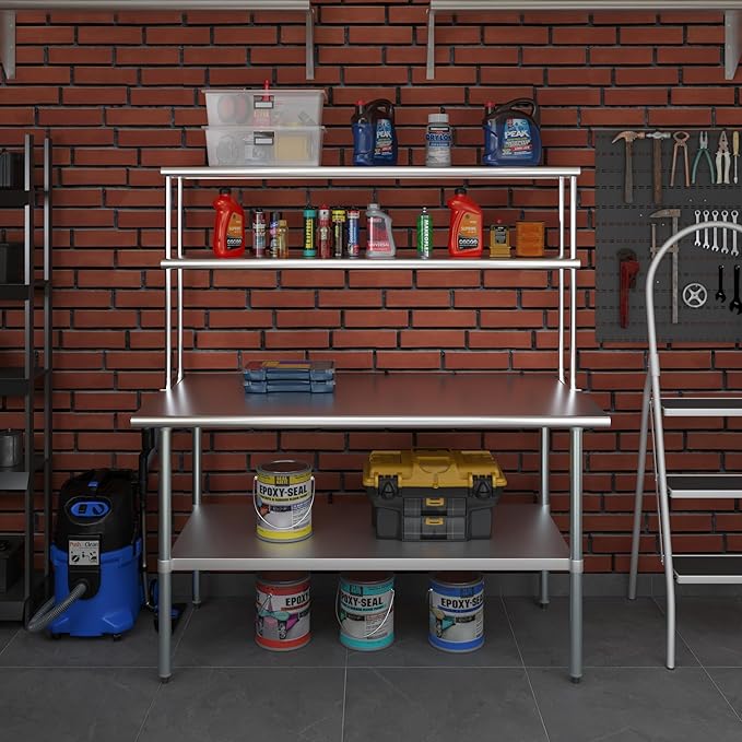 Amgood Stainless Steel Work Table Double Tier Overshelf | Metal Kitchen Prep Table & Shelving Combo (30" x 60" Work Table + 12" Overshelf)