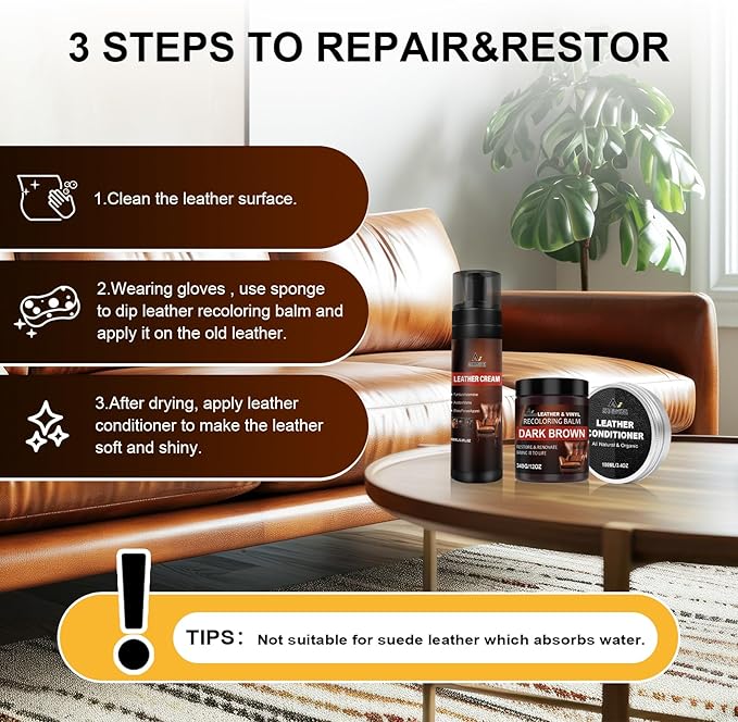 Leather Recoloring Balm Set,Leather Cleaner Restore Conditioner Mink Oil for Leather Repair Kit for Furniture Couches -Revives Repairs Scratches Leather Dye Furniture Polish (Dark Brown)