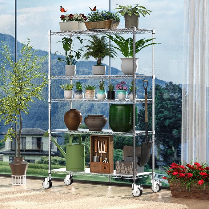 Wire Shelving with Wheels, 48x18x72 Inch, 3000 Lbs Storage Shelves Heavy Duty, Commercial-Grade Adjustable Utility Shelf, NSF-Certified Metal Storage Rack with Shelf Liners, 5-Tier, Chrome