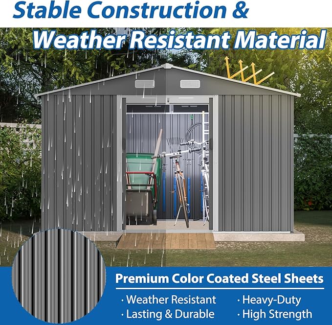 10X8 FT Outdoor Tool Storage Shed with Metal Foundation & Lockable Doors, All Weather Metal Sheds for Garden, Patio, Backyard, Lawn