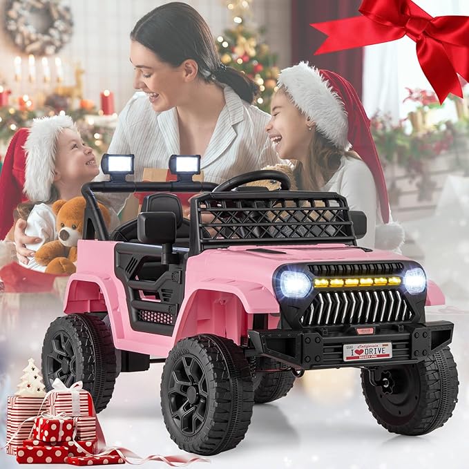 Costzon Kids Ride On Truck, 12V Battery Powered Electric Vehicles w/Remote Control, Spring Suspensions, 3 Speeds, Music, Lights, Wireless Connection, Ride on Car for Boys & Girls 3+ (Pink)