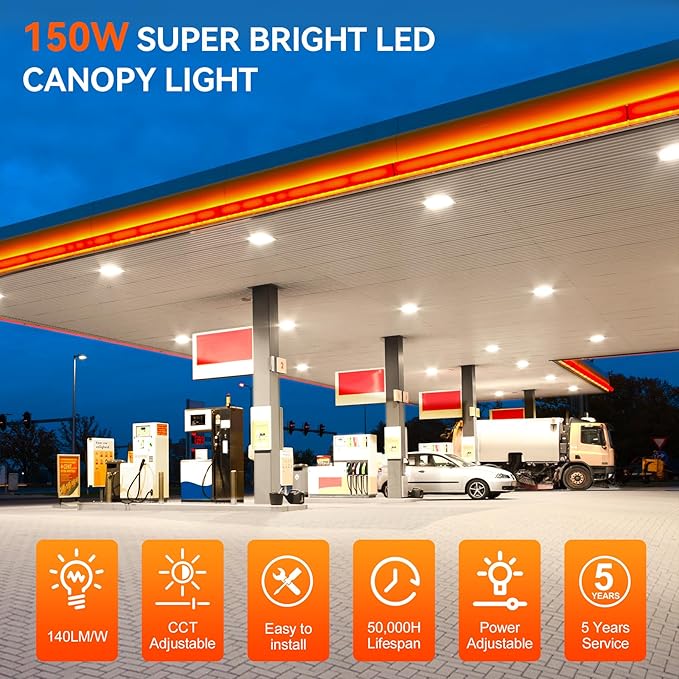 BBESTLED LED Canopy Light with 150W/120W/90W Adjustable, ETL&DLC Listed 5700K/5000K/4500K, AC100-277V, 21000LM, IP65 Waterproof Outdoor Canopy Light for Gas Station Garage Workshop