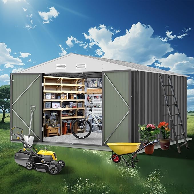 12x10 Ft Outdoor Storage Shed, Large Steel Multipurpose Yard Shed, Metal Outdoor Tool Shed with Sloped Roof and Door Lock Design for Organizing Tools & Equipment in Yard, Garden, Grey