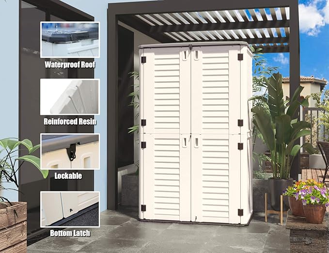 ADDOK Outdoor Storage Cabinet Waterproof,Outdoor Storage Sheds with Floor, Double-Layer Storage Shed for Patios/Generator/Long-Handled Tools (ivory/52 Cu.Ft)