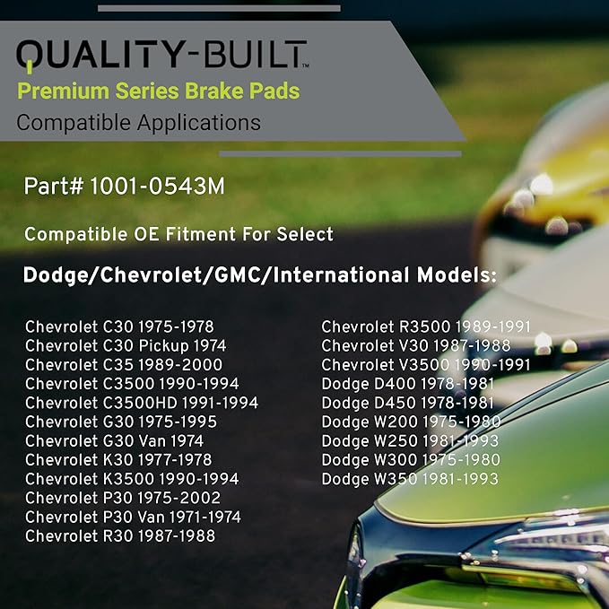 Premium Semi-Metallic Front Brake Pads (1001-0543M) Compatible with 1971-2002 Chevrolet/Dodge/GMC/International (C30 Pickup/C35/C35/C3500/C3500HD/D400/D450/G30/G30 Van/G35/G3500 Van)