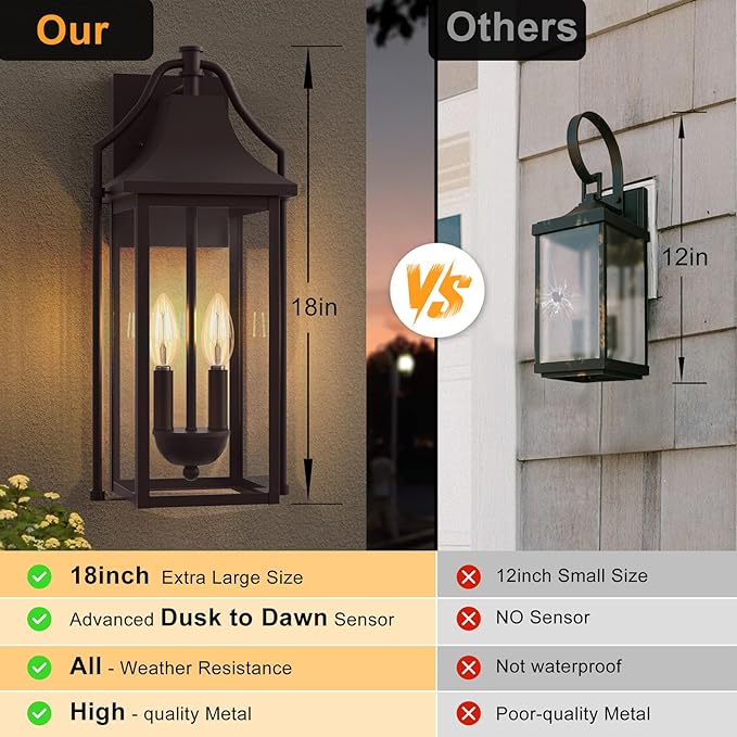 𝟏𝟖𝑰𝑵 Outdoor Wall Sconce Fixtures, Dusk to Dawn Patio Lights Waterproof Exterior Lanterns, 2-Light Modern Wall Light Mounted with Glass, Oil Rubbed Bronze Outside Lights for House Front Door Decor