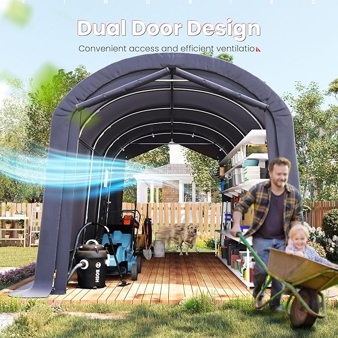 KING BIRD 10' x 20' Heavy Duty Carport with Roll-up Ventilated Windows Round Style Outdoor Instant Garage Anti-Snow Car Canopy with Reinforced Ground Bars