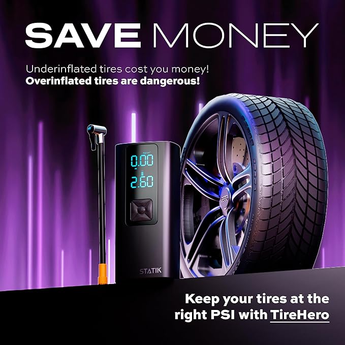 STATIK TireHero Car Tire Inflator Portable Air Compressor - 150 PSI, Electric Air Pump for balls, Bike Pump, Inflatables, Paddleboard, Air Mattress, Car Emergency Safety Kit w/Flashlight