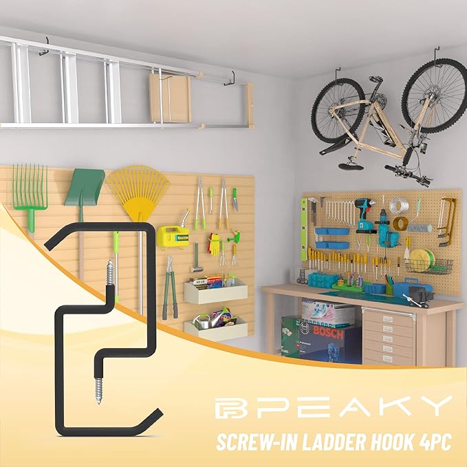 Screw in Ladder Hook, Black Heavy Duty Tool Holders 4PC, Bike Hooks, Wall Mount Garage Storage Hanger, Shelf Organizer for Hanging Bike, Ladder, Folding Chair, Cord