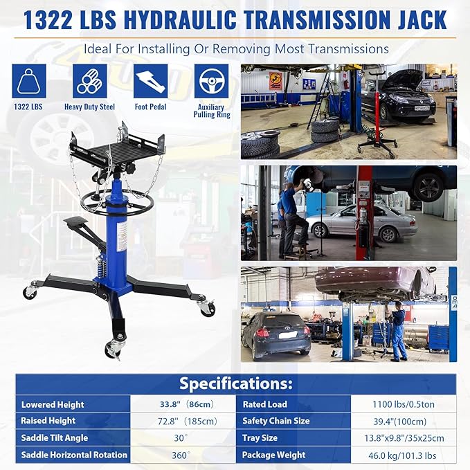 Transmission Jack with Wheels-Hydraulic Transmission Jack with Foot Pedal, 1/2Ton(1322LBS) High Telescoping Lift Jacks 33.8" to 72.8" for Garage and Shop