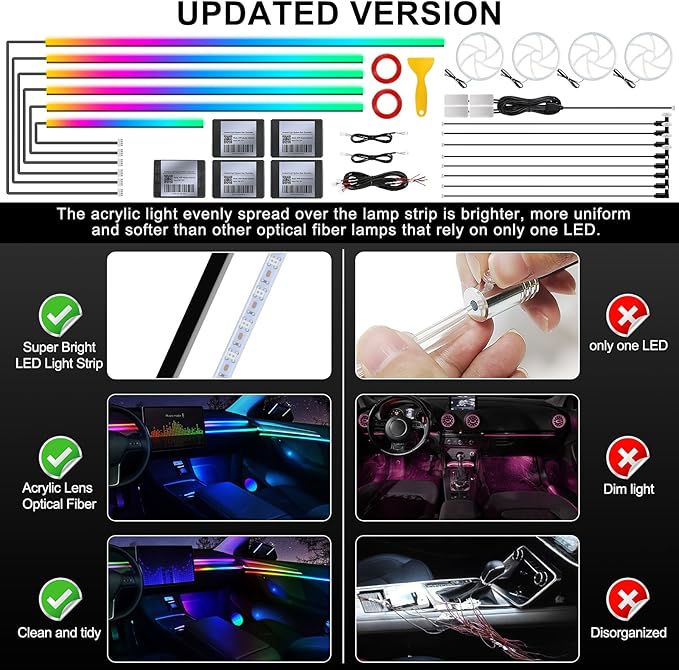 Dream+Color Acrylic Interior Car LED Strip Light with APP, RGB 22 in 1 with 175 inches 600 LEDs Fiber Optic Ambient Lighting Kits, Dynamic Chasing Music Sync Neon LED Strip for Car Accessories