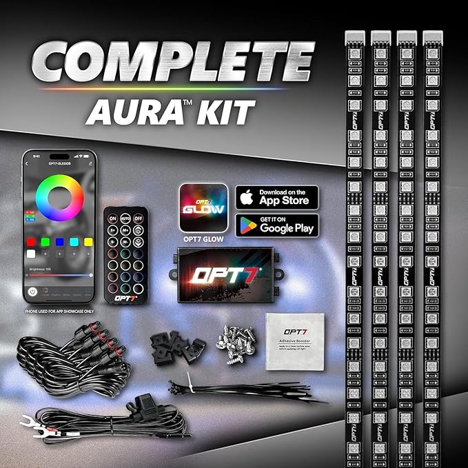 OPT7 Aura Pro RGB LED Grille Lights with App & Remote Control, 4pc 24" Light Strips, Waterproof Front Grill Lighting, Music Sync, Multi-Color, Trucks Decor Accessories for Tacoma Tundra 4Runner